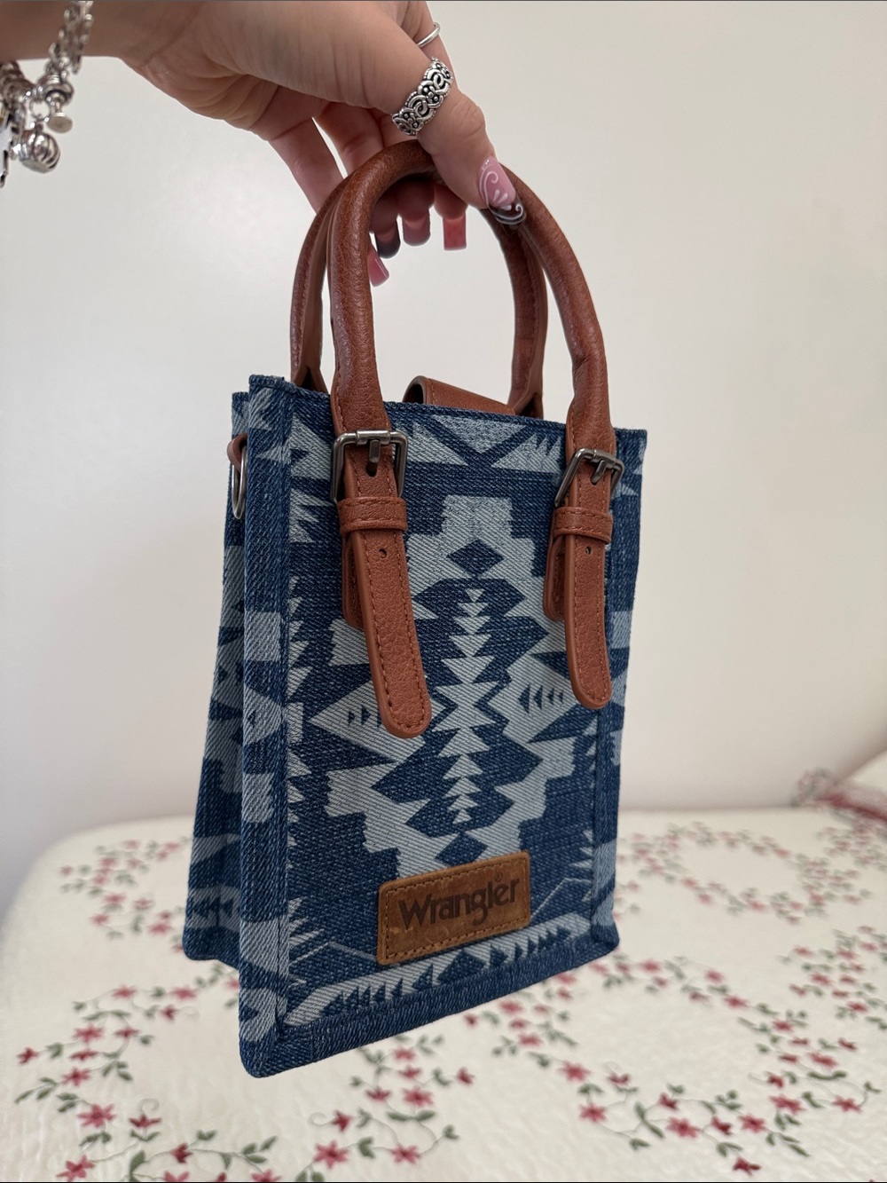 Wrangler Blue Aztec Mini Tote with Brown Handles